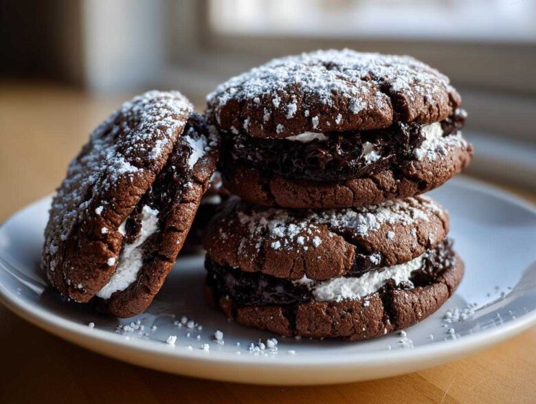 A stack of three decadent hot chocolate cookies filled with marshmallow and chocolate ganache, dusted with powdered sugar.