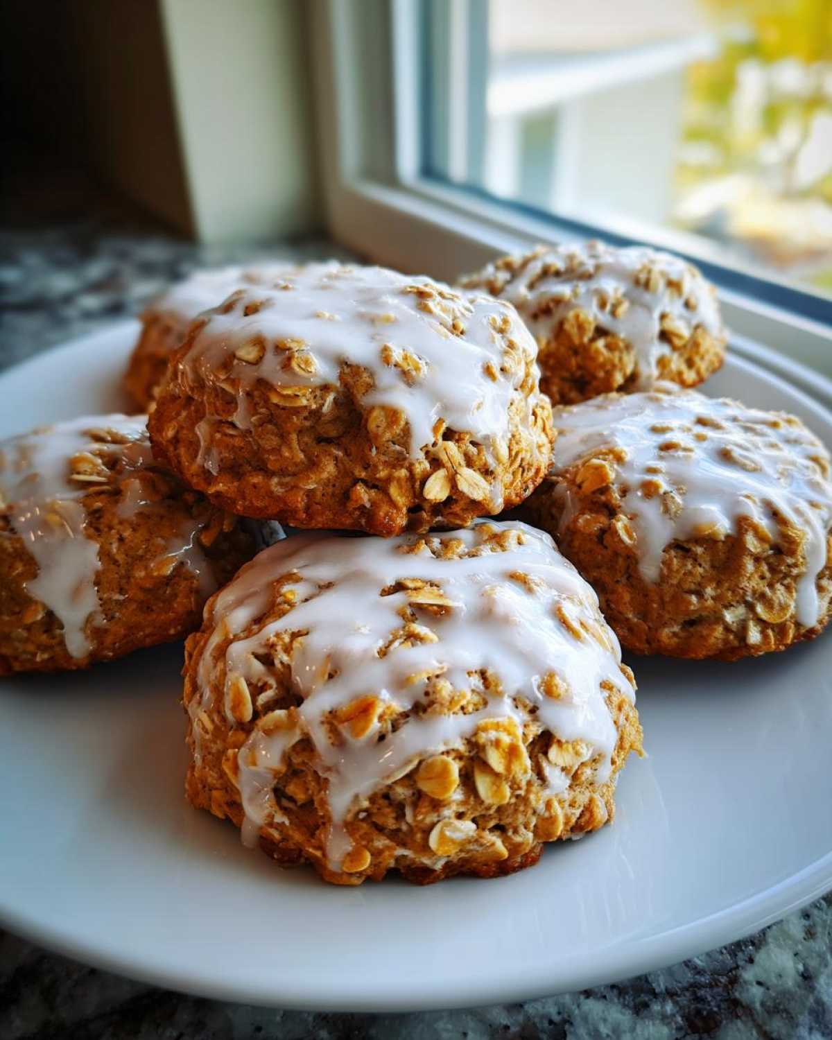 A stack of freshly baked iced oatmeal cookies topped with a thick white vanilla glaze.