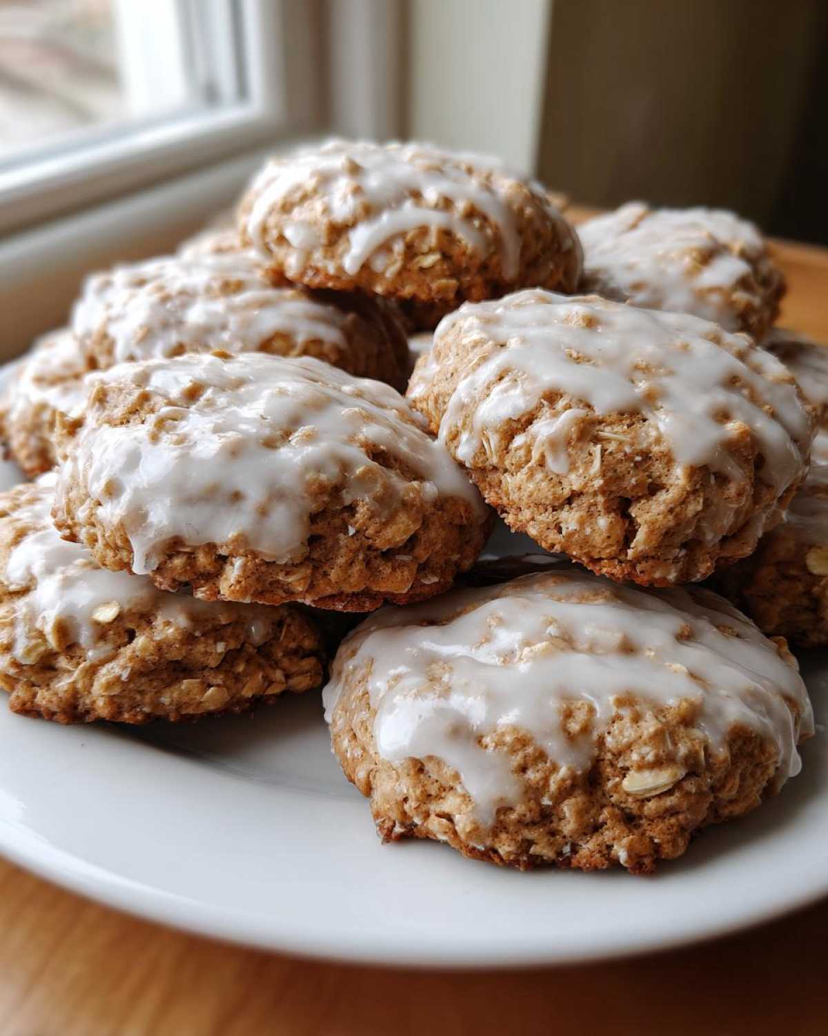 A close-up stack of chewy iced oatmeal cookies topped with a thick white vanilla glaze.