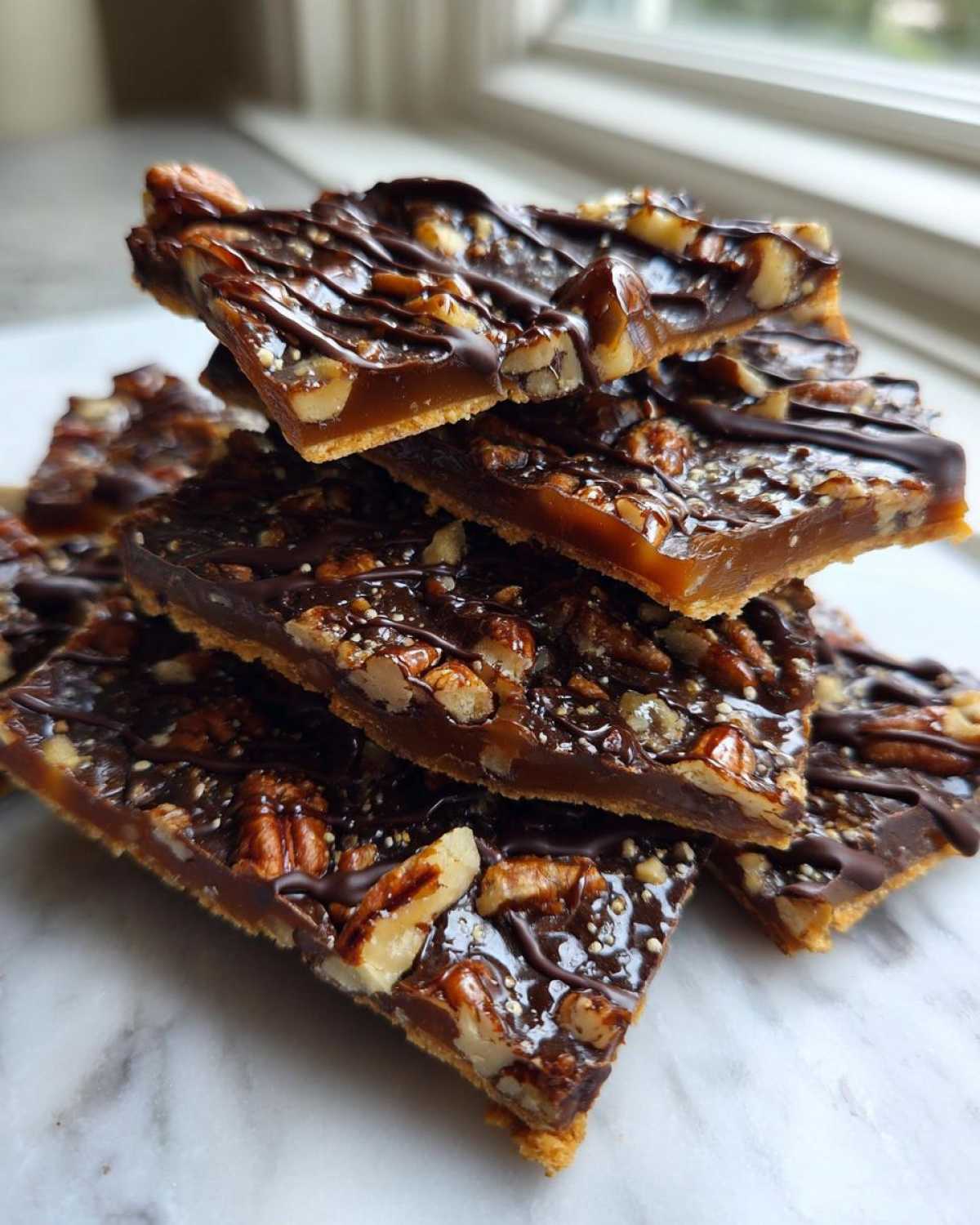 A stack of rich, square pieces of Pecan Pie Bark topped with pecans and drizzled chocolate.