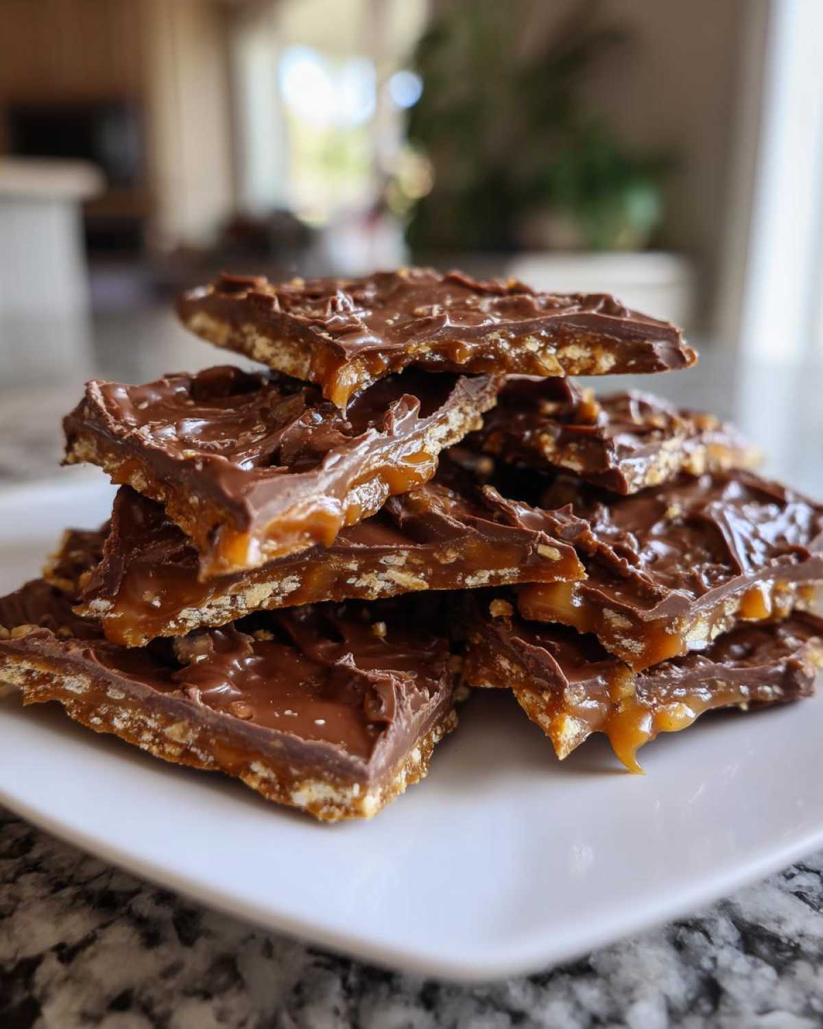 A stack of broken pieces of rich graham cracker toffee topped with melted chocolate and caramel on a white plate.