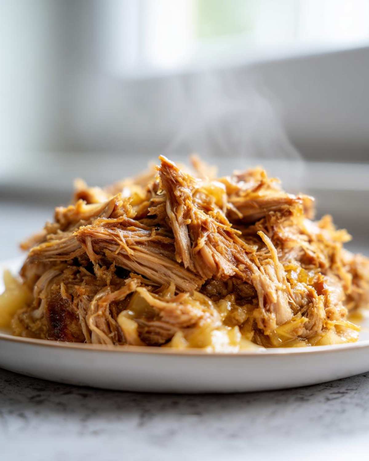 Close-up of steaming shredded pork and sauerkraut piled high on a white plate.