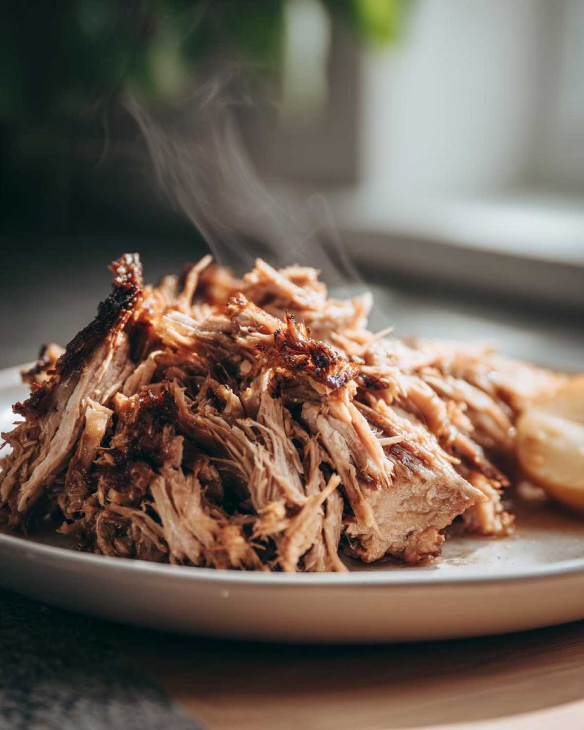 Close-up of freshly shredded, steaming pork meat, ready to be served with pork and sauerkraut.