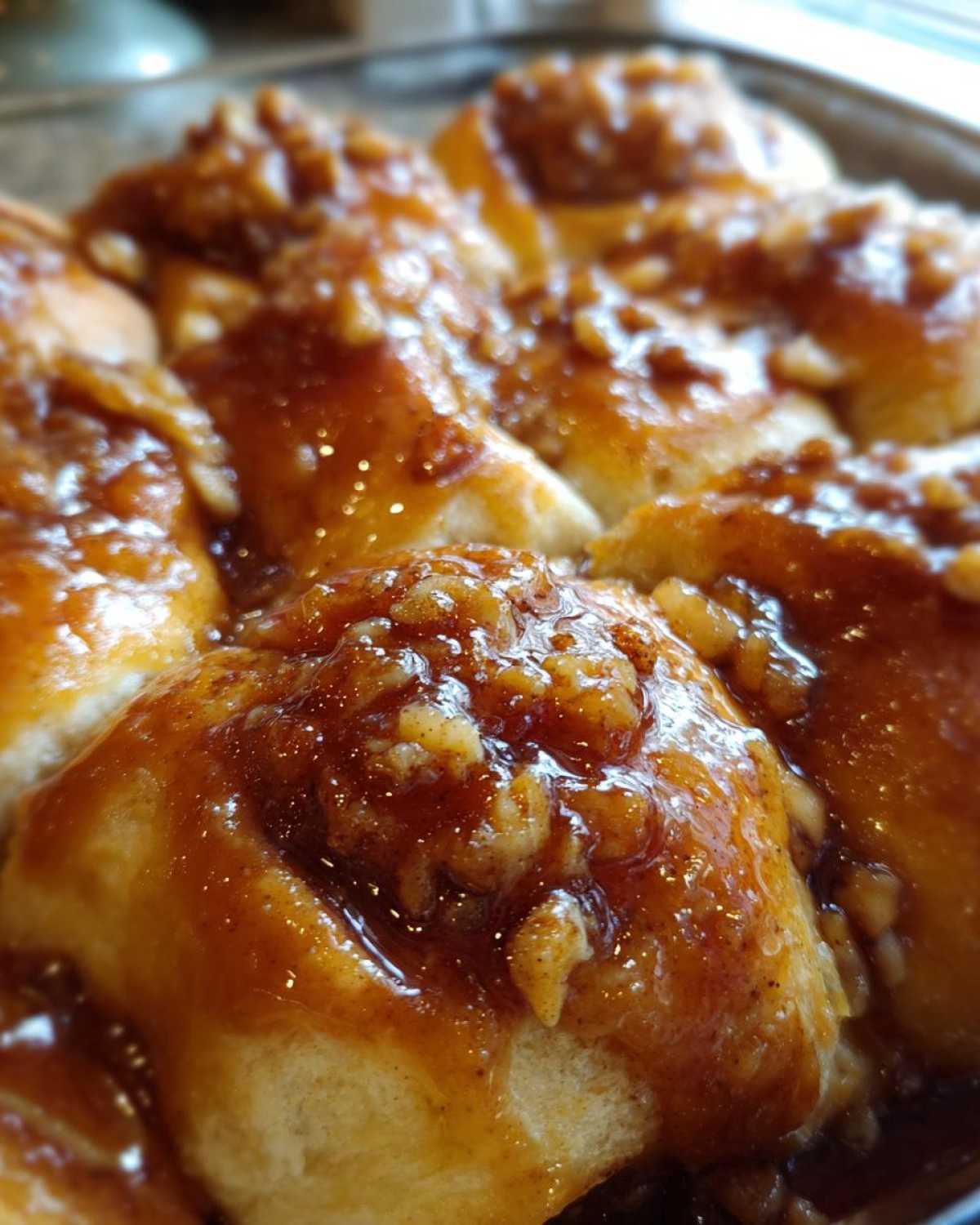 Close-up of a baked apple dumpling covered in a thick, sticky, brown sugar glaze with visible chopped nuts.