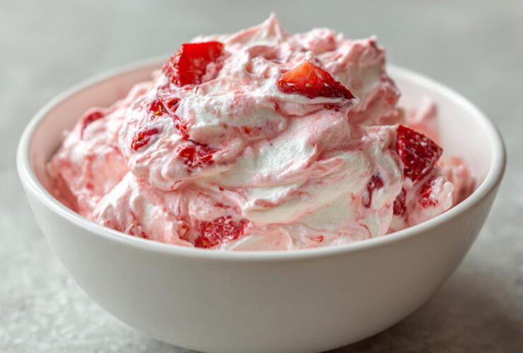 Close-up of light pink and white strawberry cheesecake dip topped with fresh strawberry chunks in a white bowl.