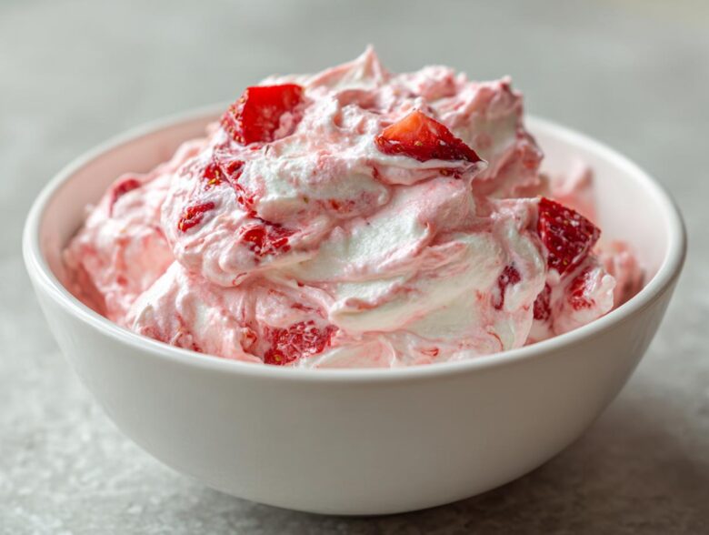 Close-up of light pink and white strawberry cheesecake dip topped with fresh strawberry chunks in a white bowl.