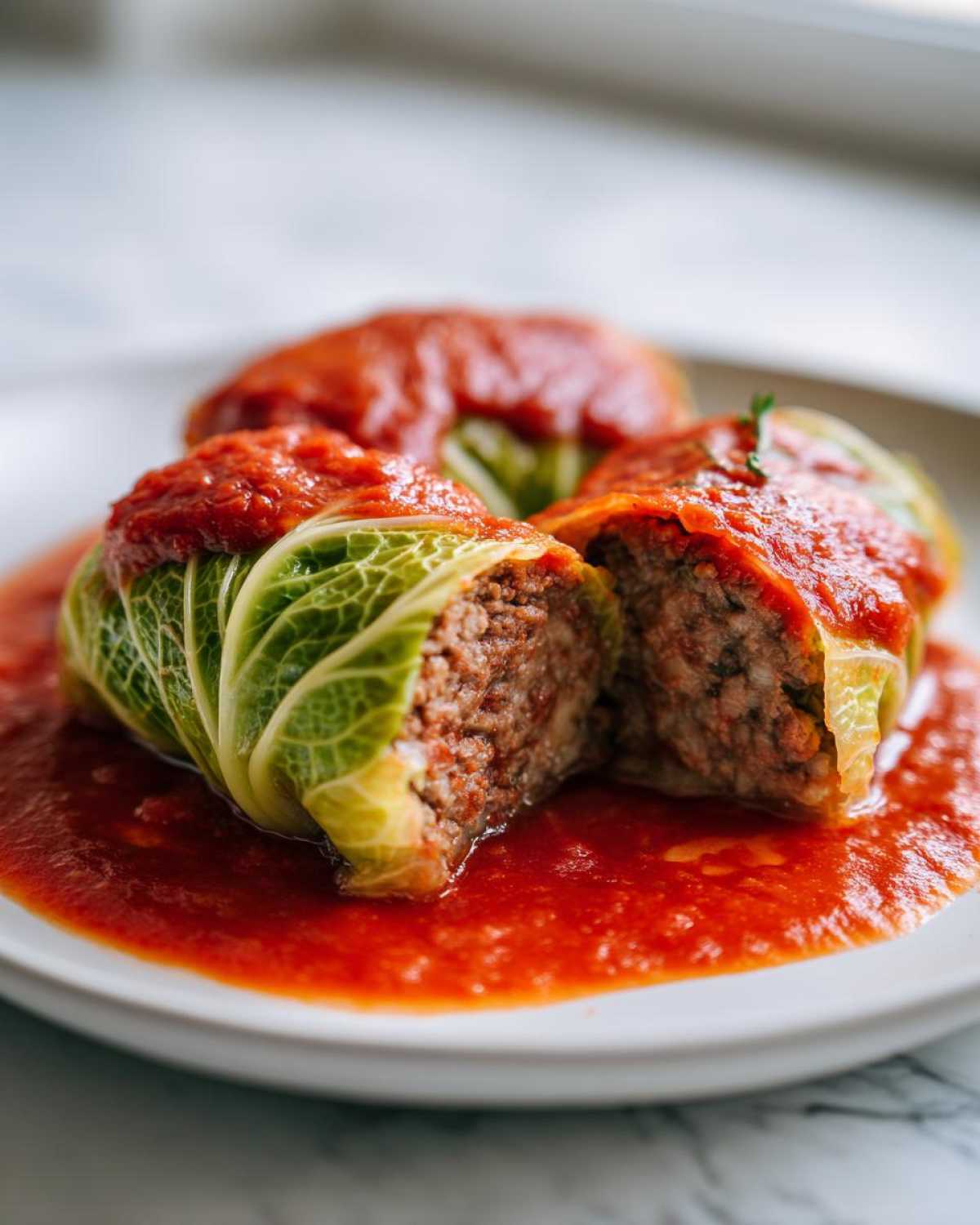 Close-up of two stuffed cabbage rolls cut open, showing the meat filling, served in a bright red tomato sauce. These are delicious cabbage rolls.