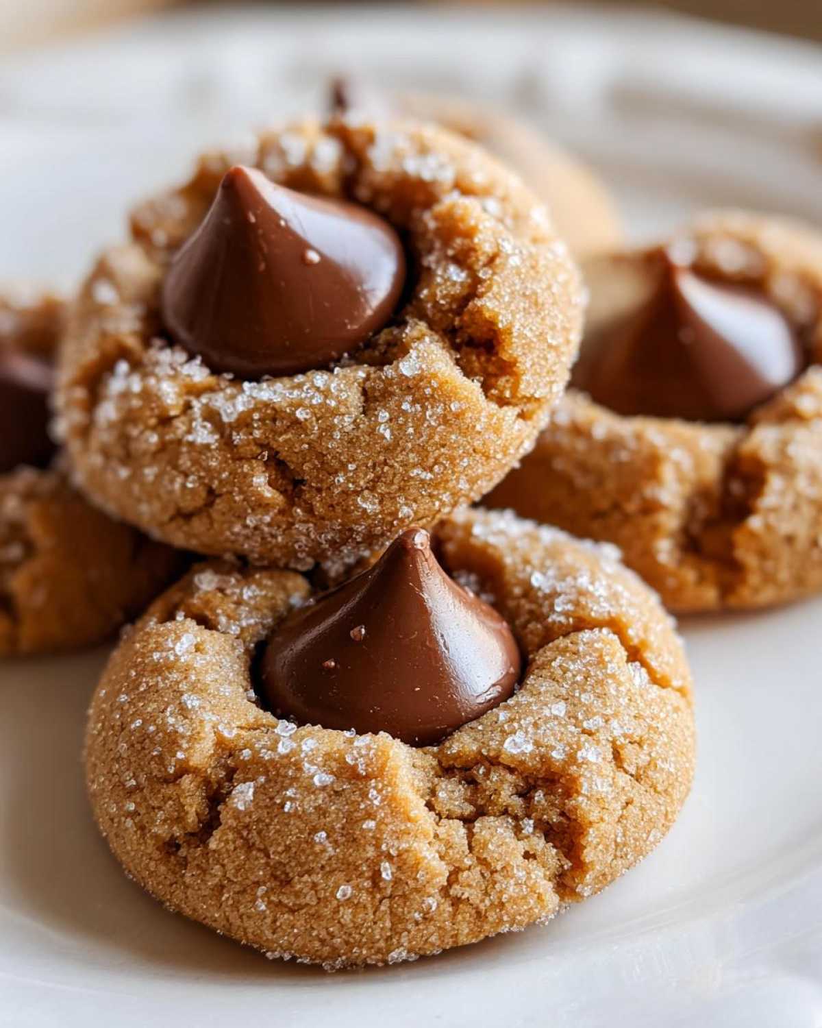 Close-up of several peanut butter kiss cookies rolled in sugar, each topped with a melted milk chocolate candy.