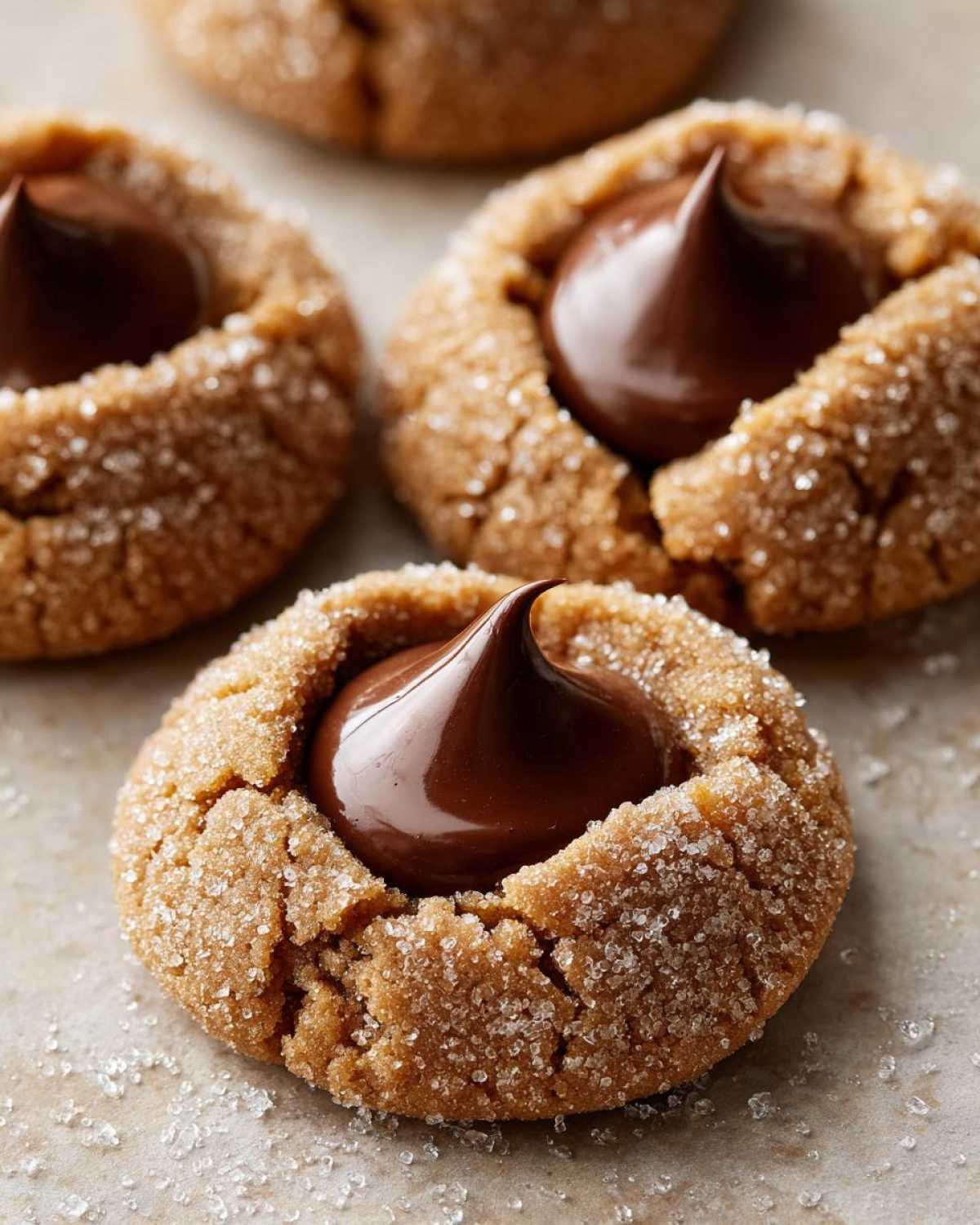 Close-up of three freshly baked, sugar-coated kiss cookies with a melted chocolate center on a light surface.