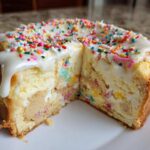 A cross-section view of a sugar cookie cheesecake topped with white icing and colorful sprinkles.