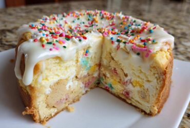A cross-section view of a sugar cookie cheesecake topped with white icing and colorful sprinkles.