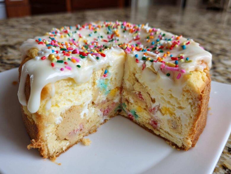 A cross-section view of a sugar cookie cheesecake topped with white icing and colorful sprinkles.