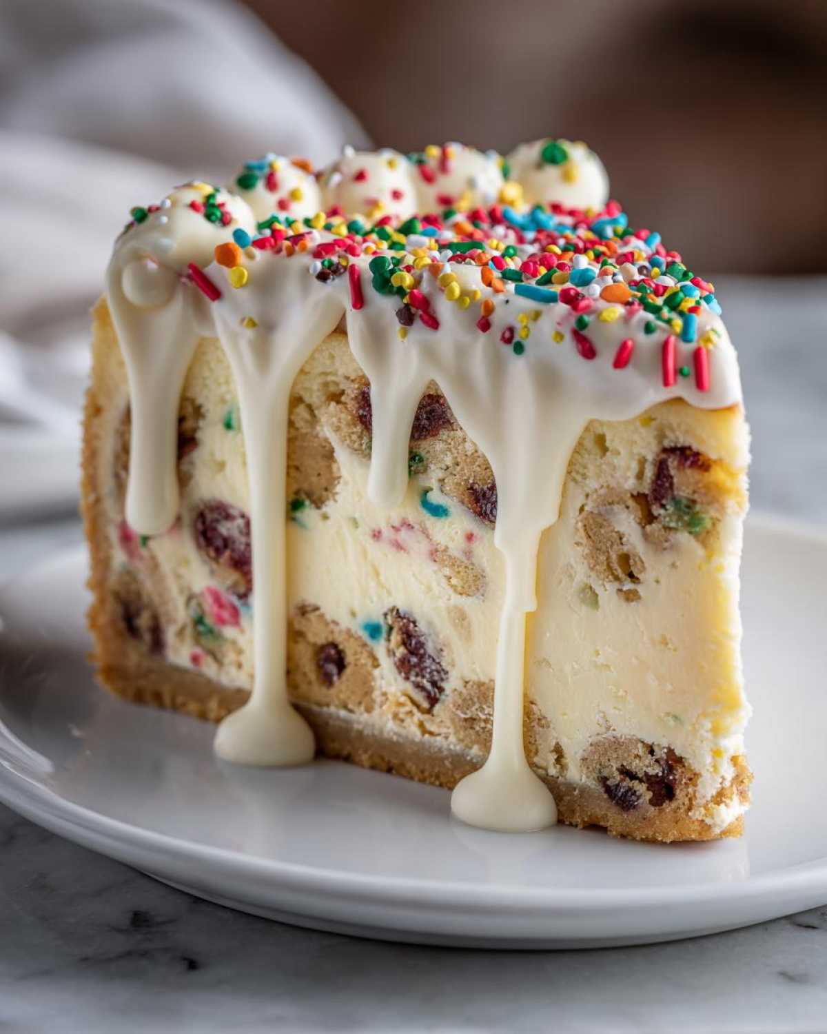 A decadent slice of sugar cookie cheesecake topped with white chocolate drizzle and colorful sprinkles.