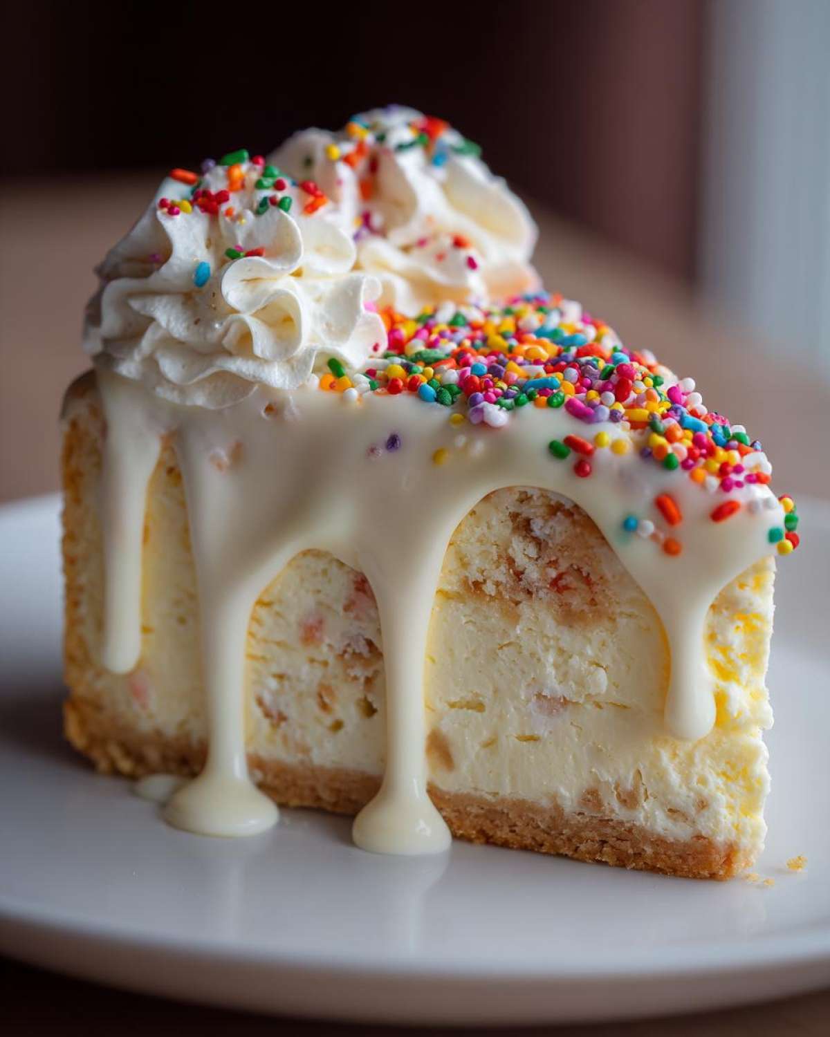 A decadent slice of sugar cookie cheesecake topped with white glaze, whipped cream, and rainbow sprinkles.