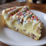 A delicious slice of sugar cookie cheesecake topped with white icing drizzle and colorful sprinkles.