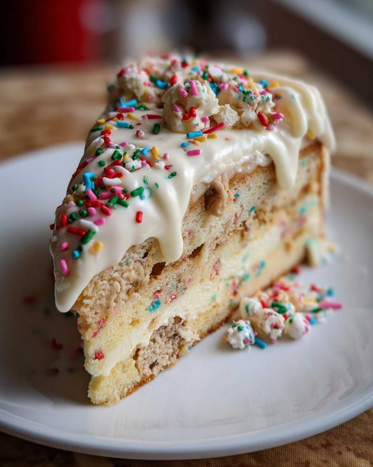 A decadent slice of sugar cookie cheesecake layered with cake, creamy filling, and topped with white frosting and colorful sprinkles.