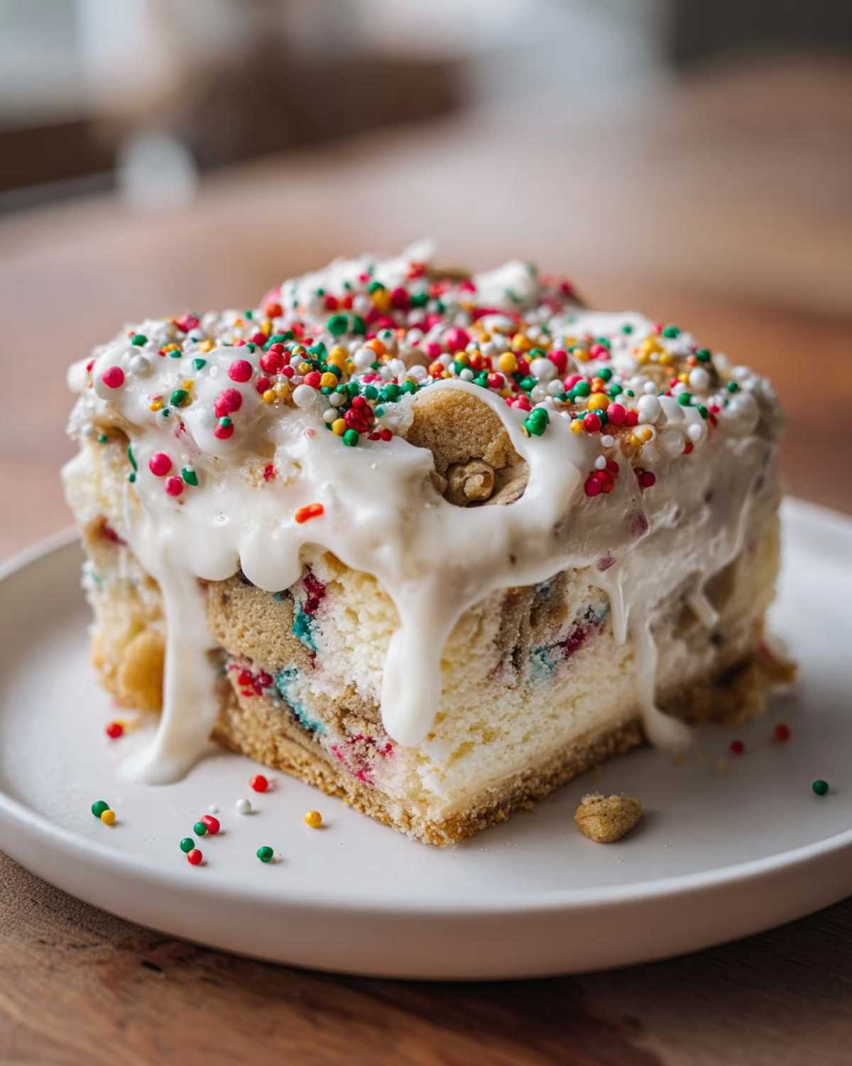 A decadent slice of sugar cookie cheesecake topped with thick white frosting and colorful sprinkles.
