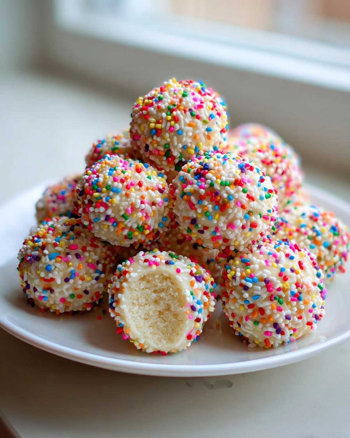 A pile of white, sprinkle-coated sugar cookie truffles on a white plate, one bitten open to show the soft interior.