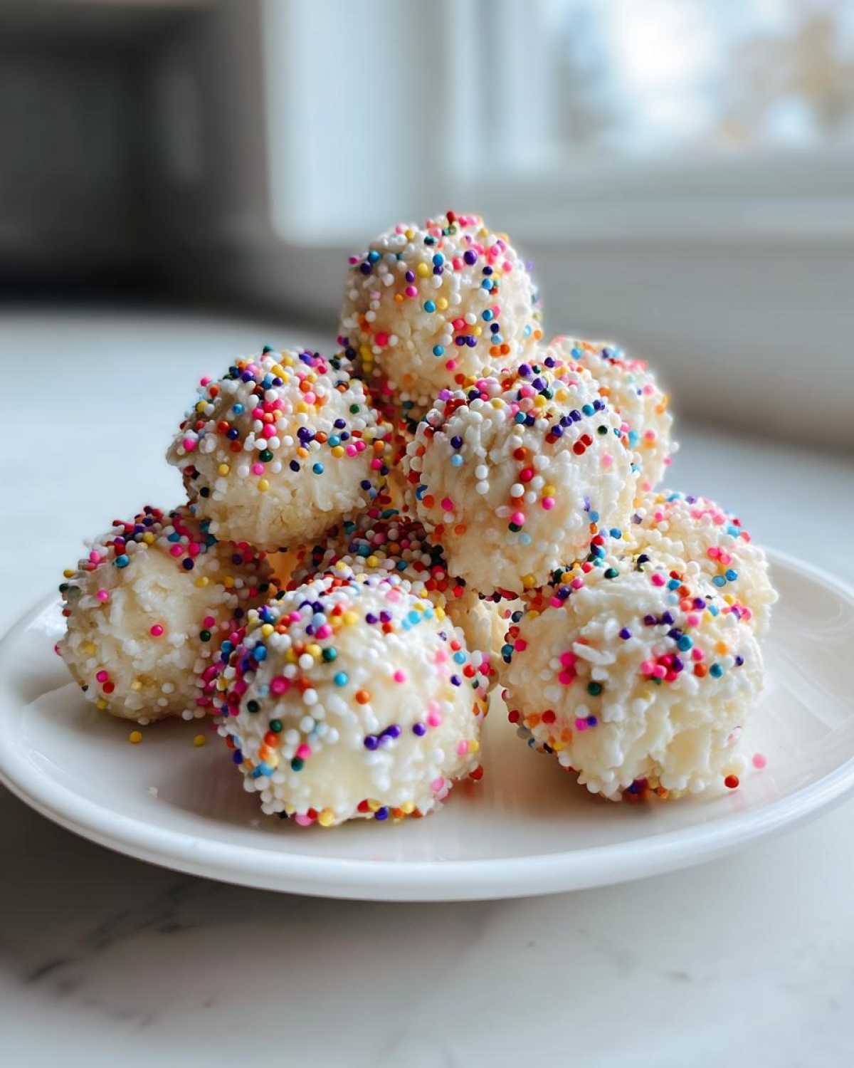 A mound of white, round sugar cookie truffles coated in colorful nonpareils sprinkles on a white plate.