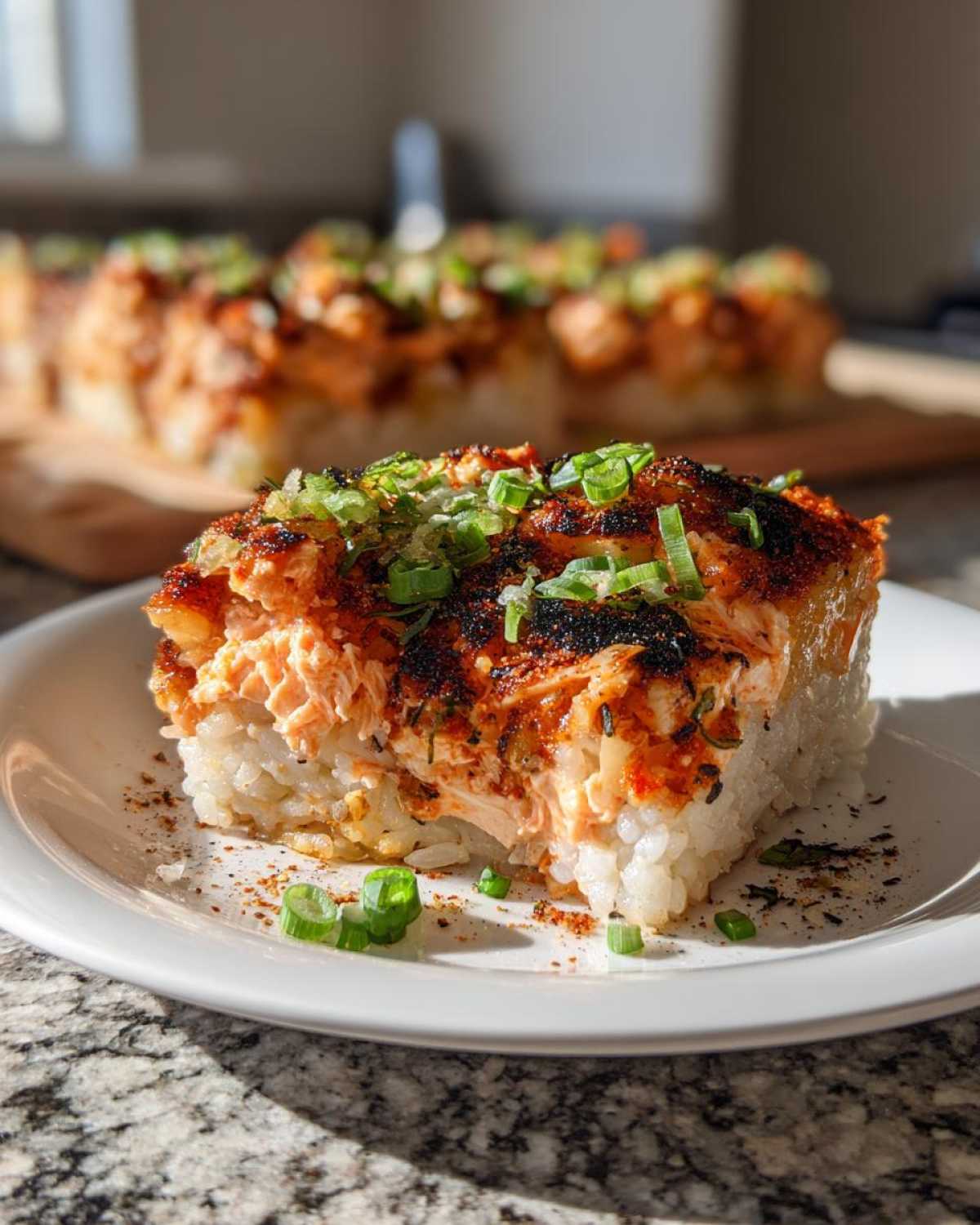 Close-up of a square slice of baked sushi bake with creamy salmon topping and green onions.