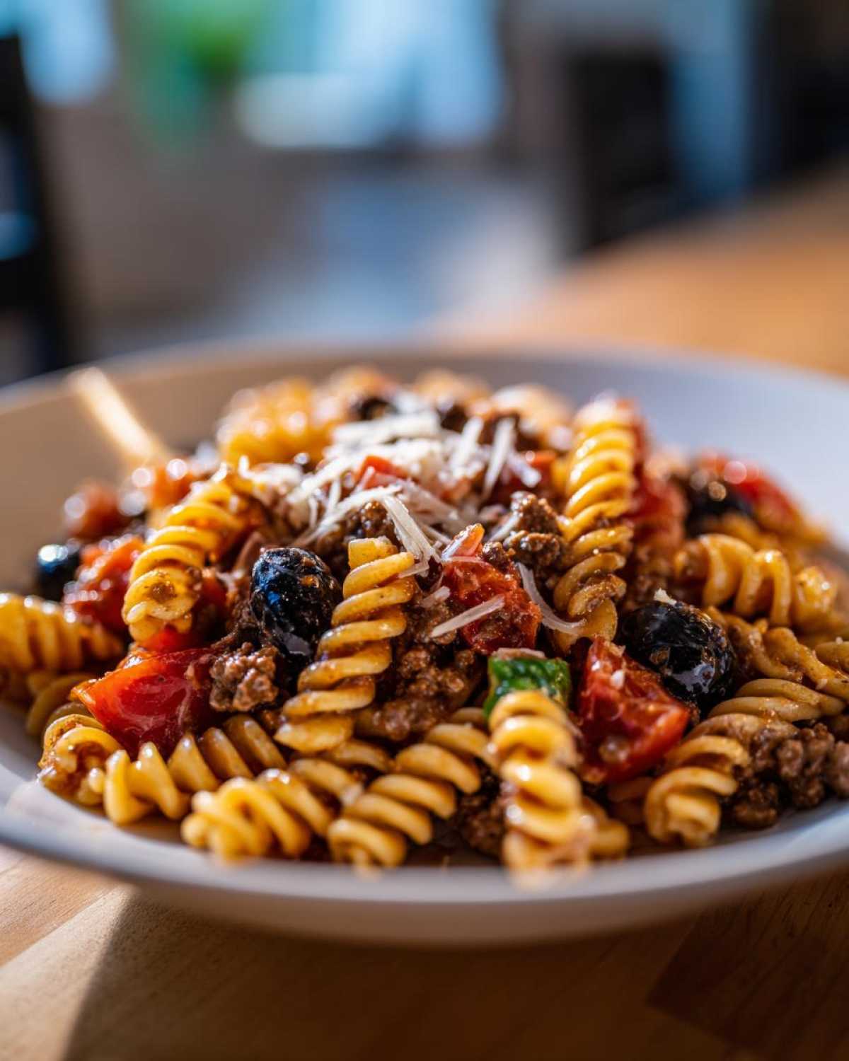 A close-up of a bowl of taco pasta salad featuring rotini pasta, seasoned ground beef, black olives, and shredded cheese.