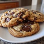 Three thick chocolate chip cookies topped with melted chocolate chunks and flaky sea salt, stacked on a white plate.