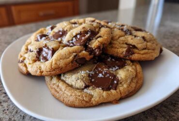 Three thick chocolate chip cookies topped with melted chocolate chunks and flaky sea salt, stacked on a white plate.