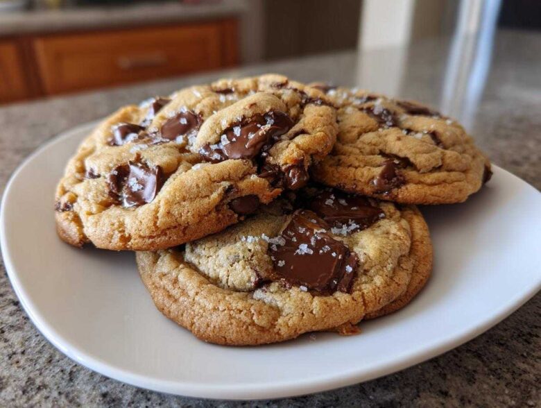 Three thick chocolate chip cookies topped with melted chocolate chunks and flaky sea salt, stacked on a white plate.