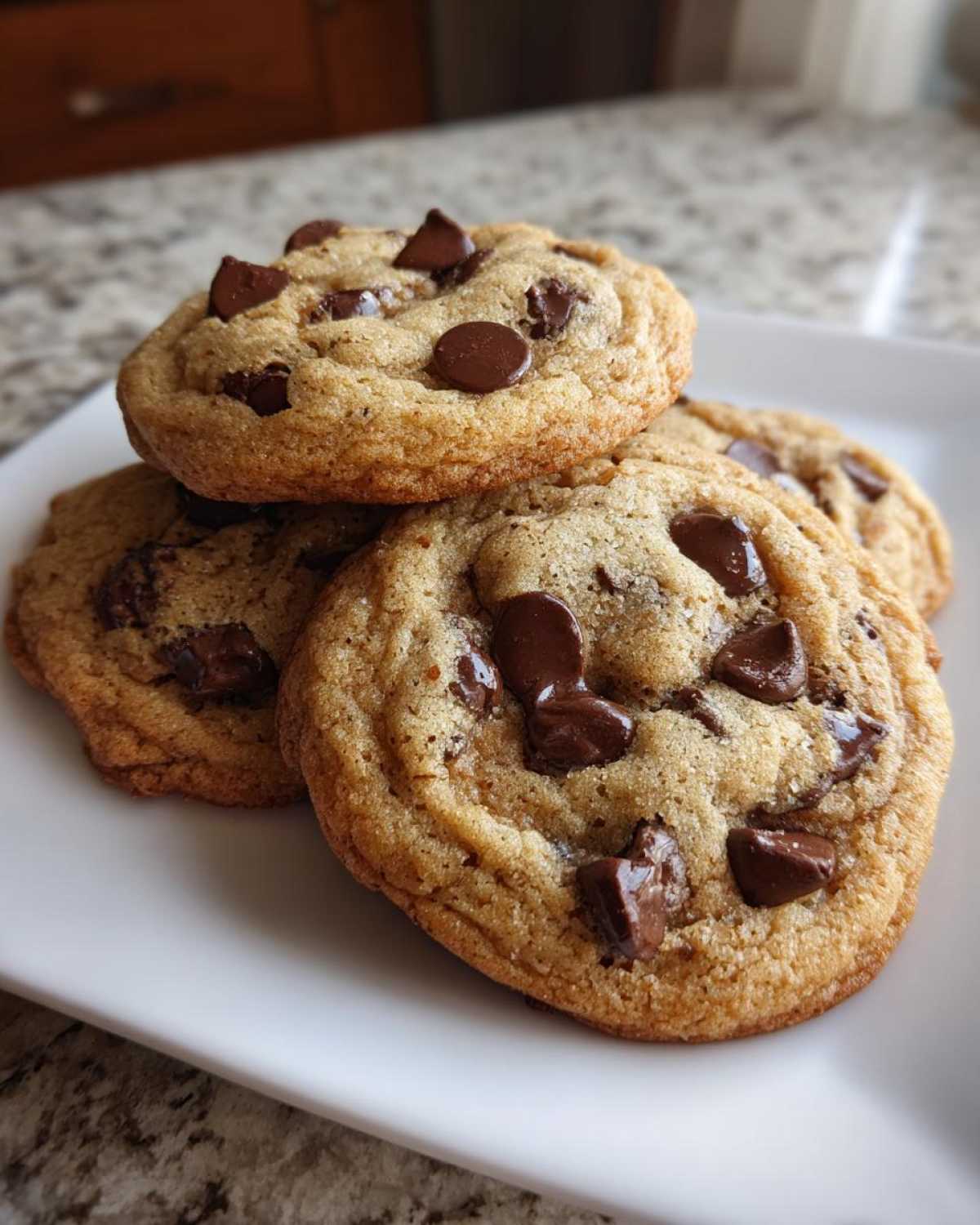 A stack of four thick and chewy chocolate chip cookies resting on a white plate.