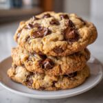 A close-up stack of three thick chocolate chip cookies with gooey, melted chocolate chunks on a small white plate.