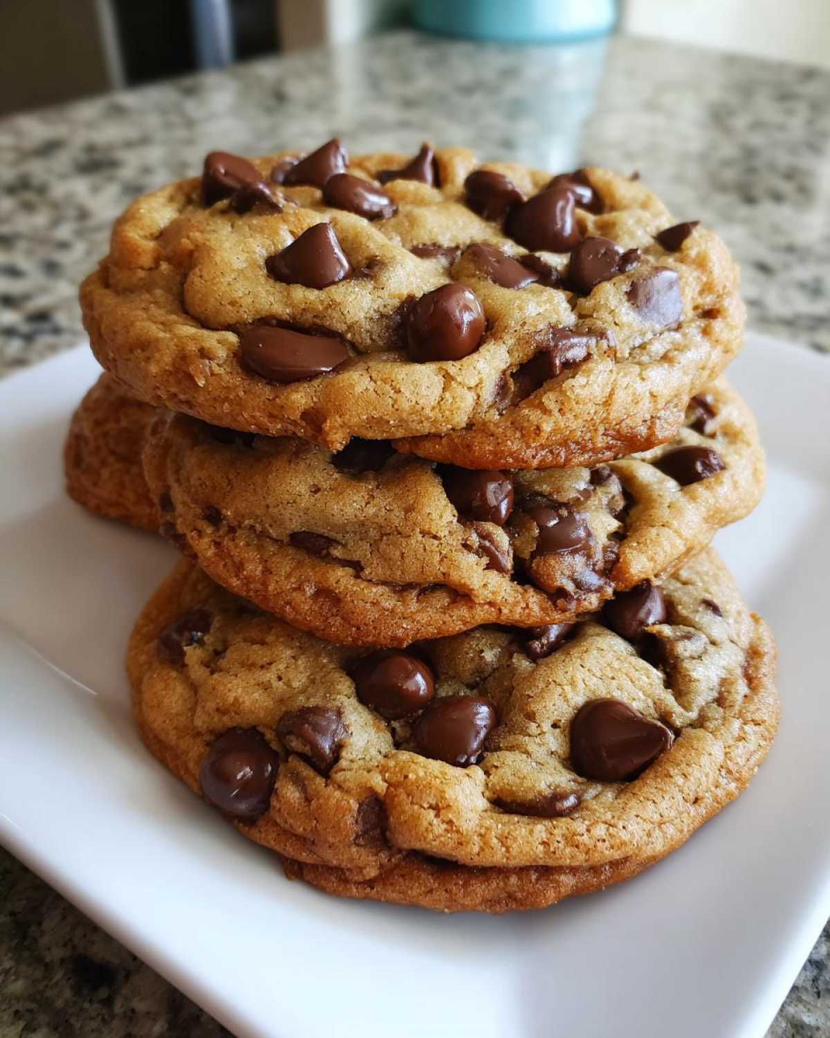 A close-up stack of three thick, golden brown chocolate chip cookies loaded with melted chips.