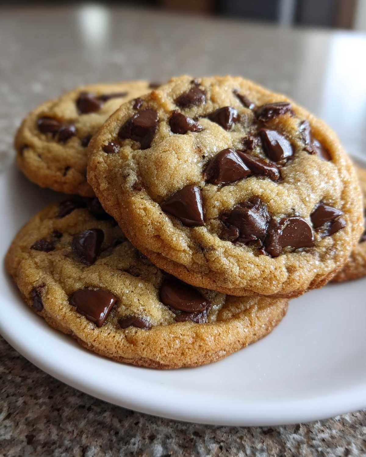 Close-up of three thick and chewy chocolate chip cookies stacked on a white plate.