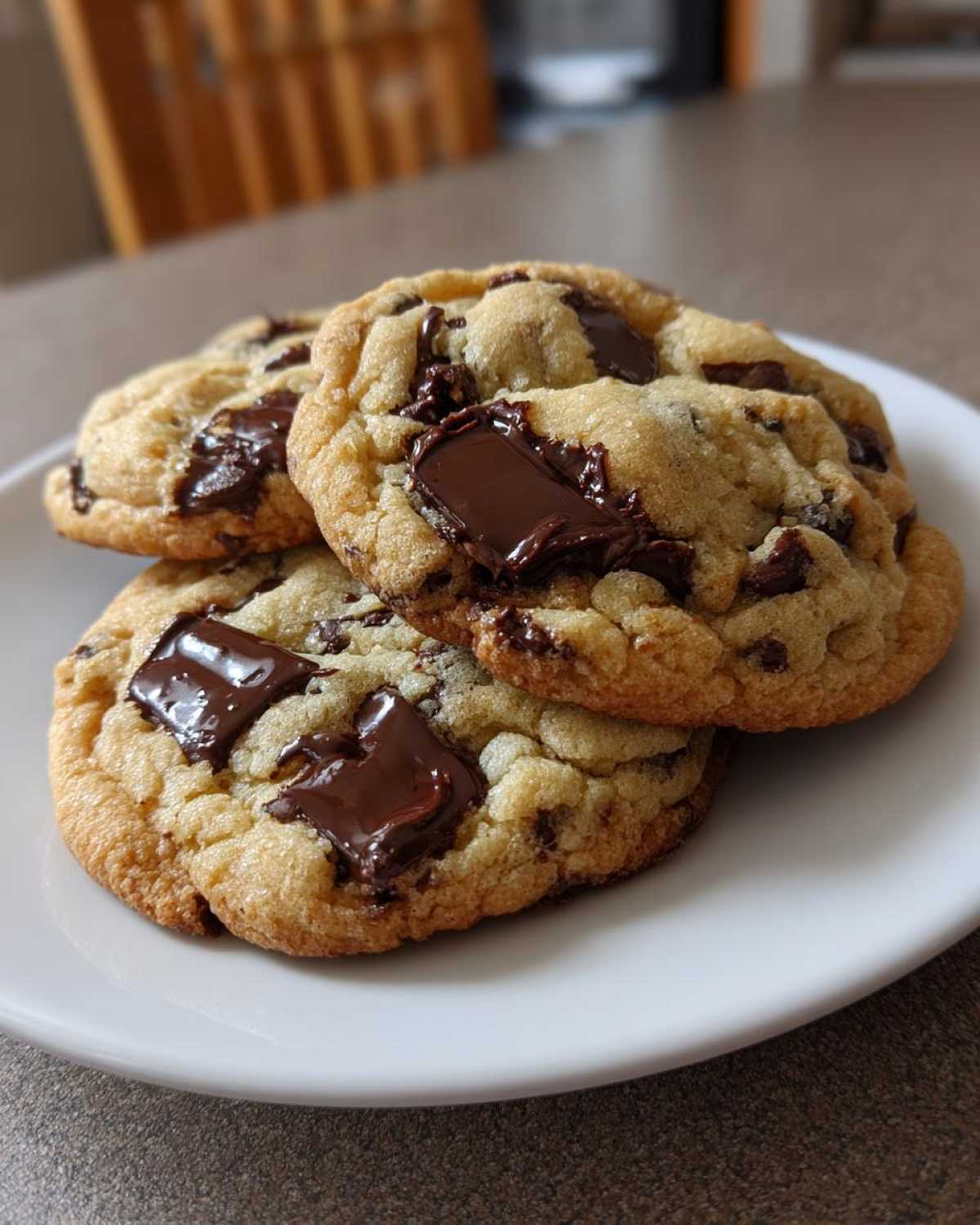 Three thick, golden brown chocolate chip cookies stacked on a white plate with melted chocolate chunks.