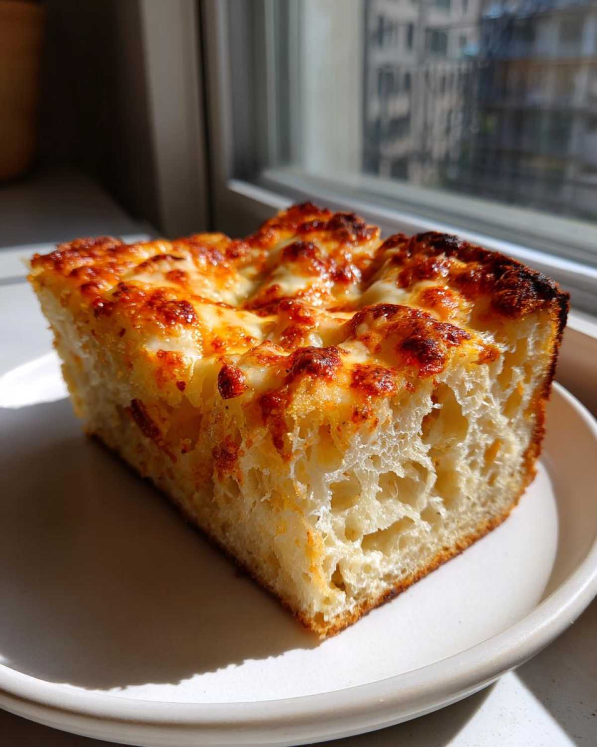A thick, airy slice of keto pizza crust topped with bubbly, browned cheese, sitting on a white plate.
