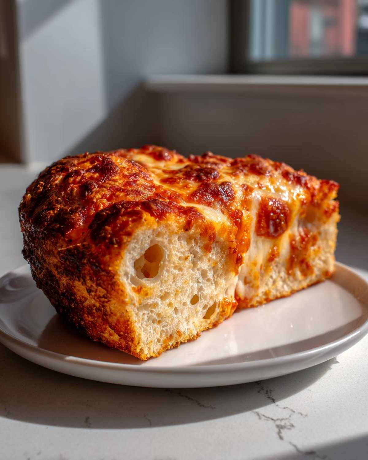 A thick, cheesy slice of keto pizza crust with a bubbly, browned top, showing an airy interior.