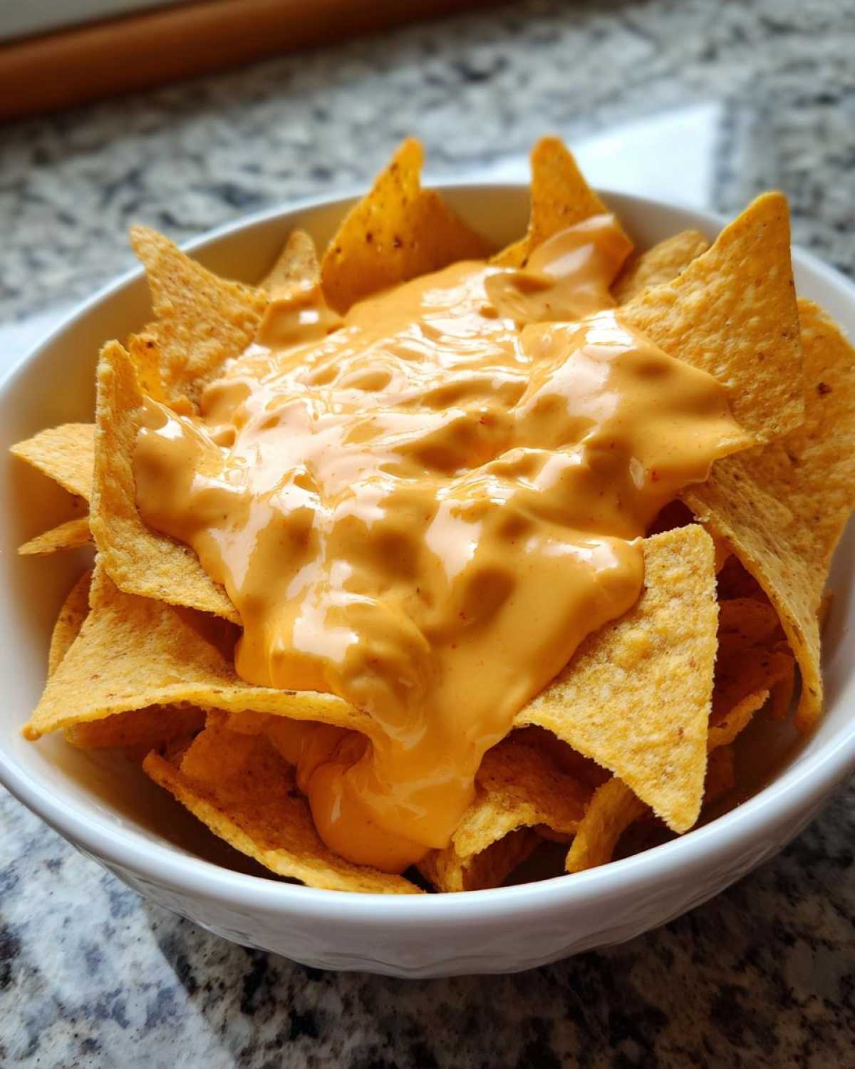 Close-up of tortilla chips generously topped with creamy, bright orange nacho cheese sauce in a white bowl.