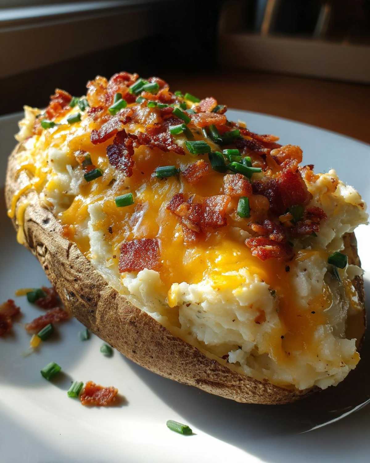 A fully loaded twice baked potato overflowing with creamy filling, melted cheddar cheese, bacon bits, and chives.