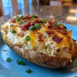 Close-up of a fully loaded twice baked potato stuffed with creamy filling, melted cheddar cheese, bacon bits, and chives.