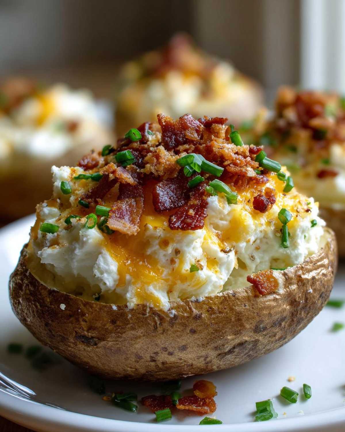 Close-up of a perfectly stuffed twice baked potato topped generously with cheese, crispy bacon, and fresh chives.