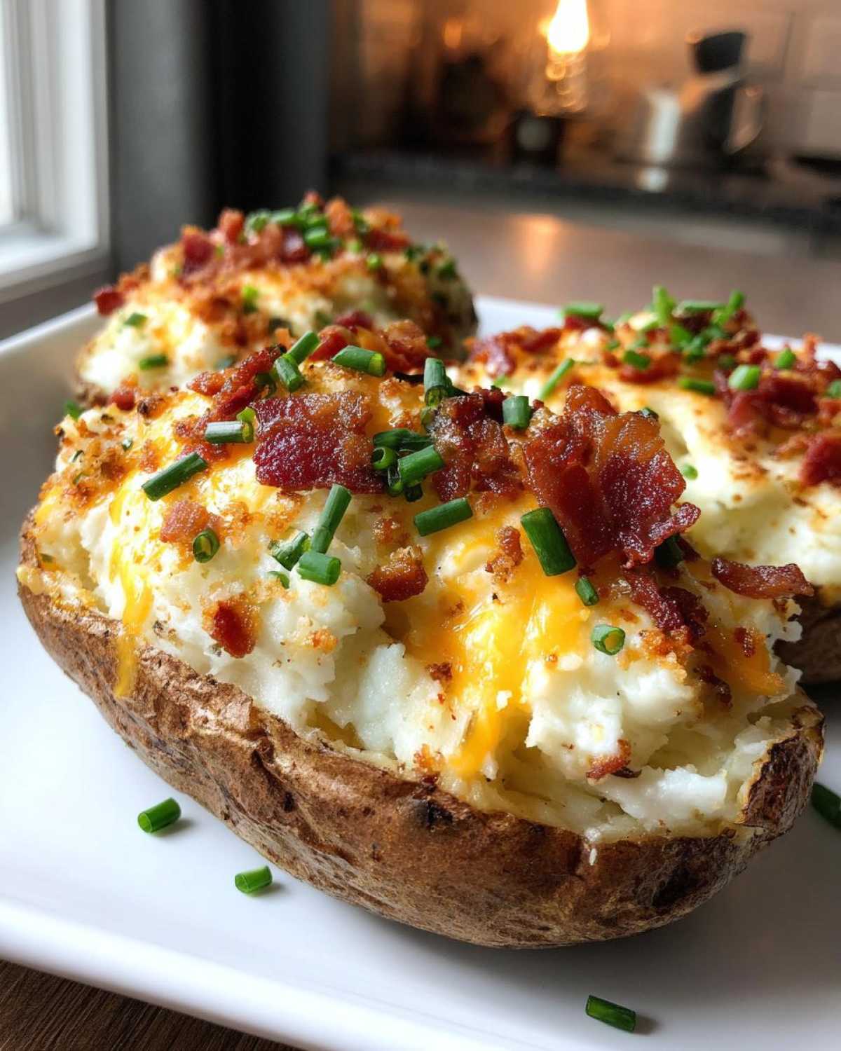 Close-up of a delicious twice baked potato stuffed with creamy filling, melted cheese, bacon bits, and fresh chives.
