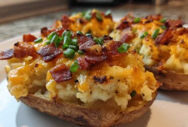 Close-up of delicious twice baked potatoes loaded with melted cheddar cheese, crispy bacon bits, and fresh chives.