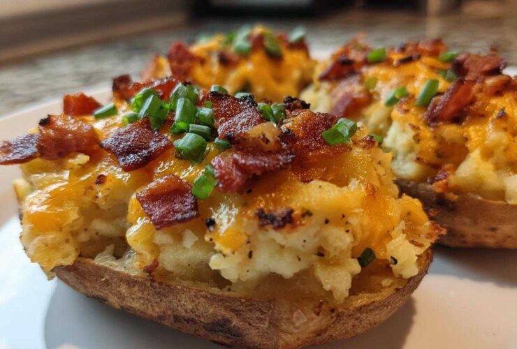 Close-up of delicious twice baked potatoes loaded with melted cheddar cheese, crispy bacon bits, and fresh chives.