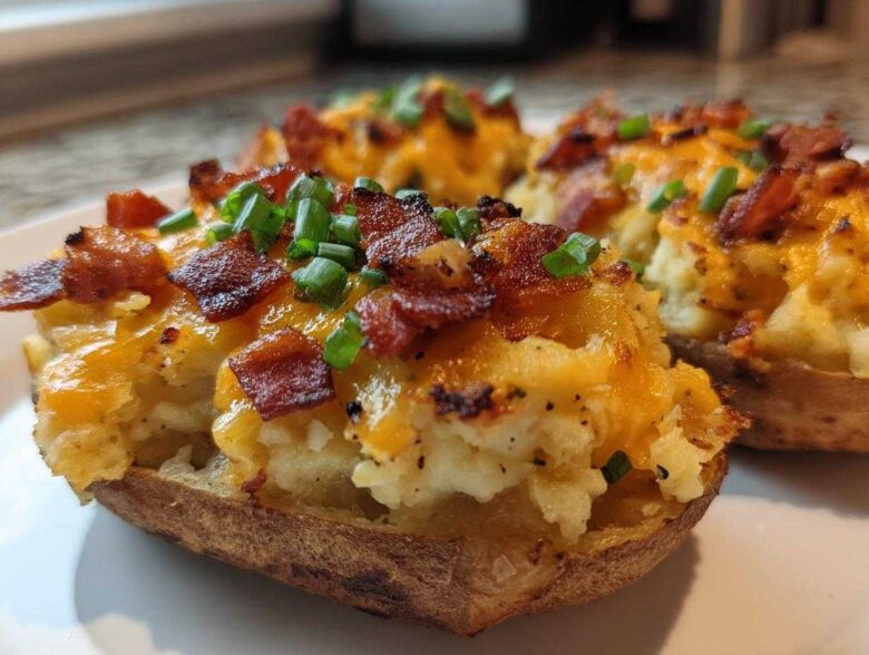 Close-up of delicious twice baked potatoes loaded with melted cheddar cheese, crispy bacon bits, and fresh chives.