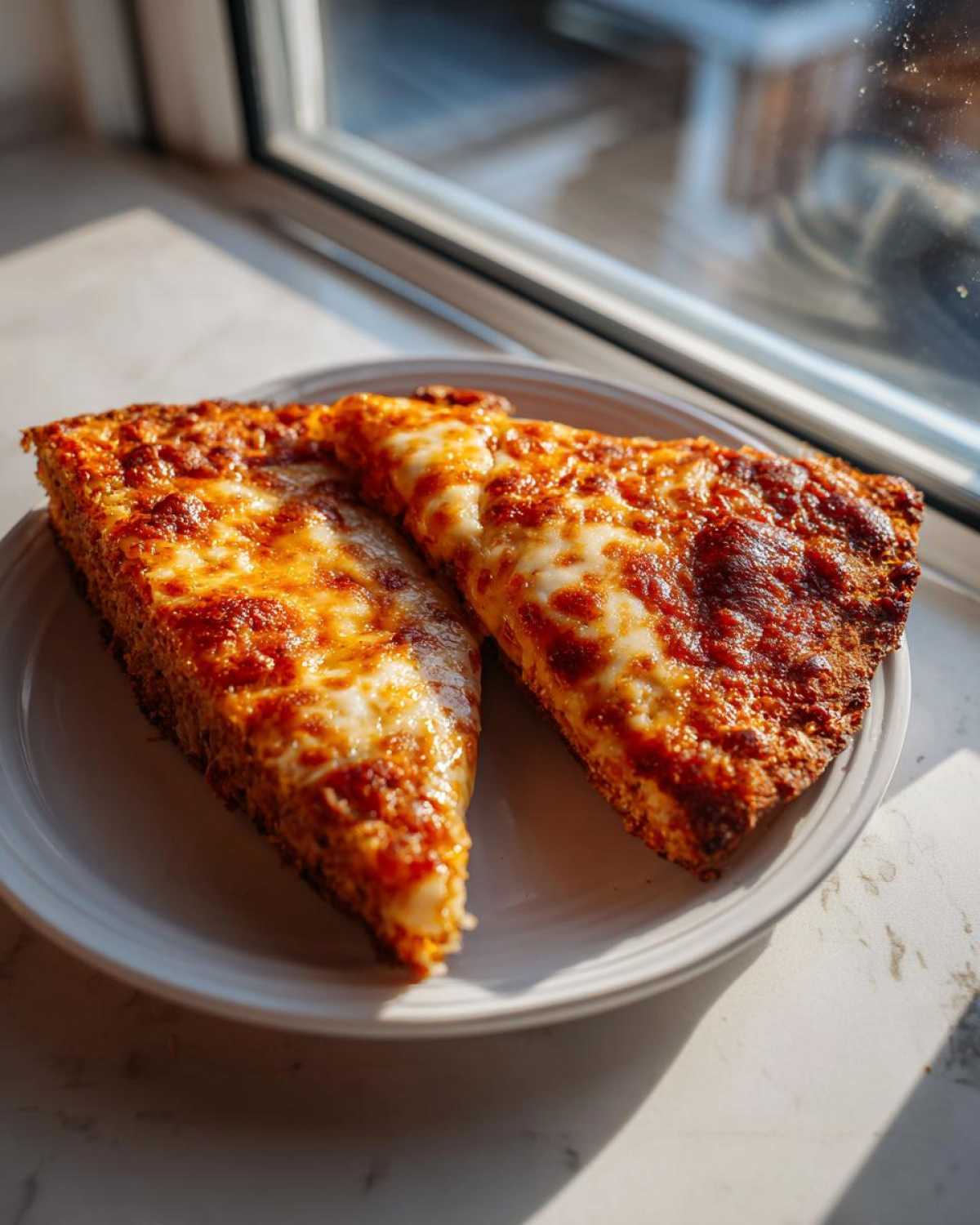 Two slices of cheesy pizza made with a keto pizza crust, served on a white plate near a window.
