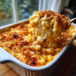 A spoonful of creamy baked mac and cheese showing extreme cheese pull, topped with golden breadcrumbs.