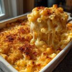 A spoonful of creamy baked mac and cheese showing a dramatic cheese pull from the casserole dish.