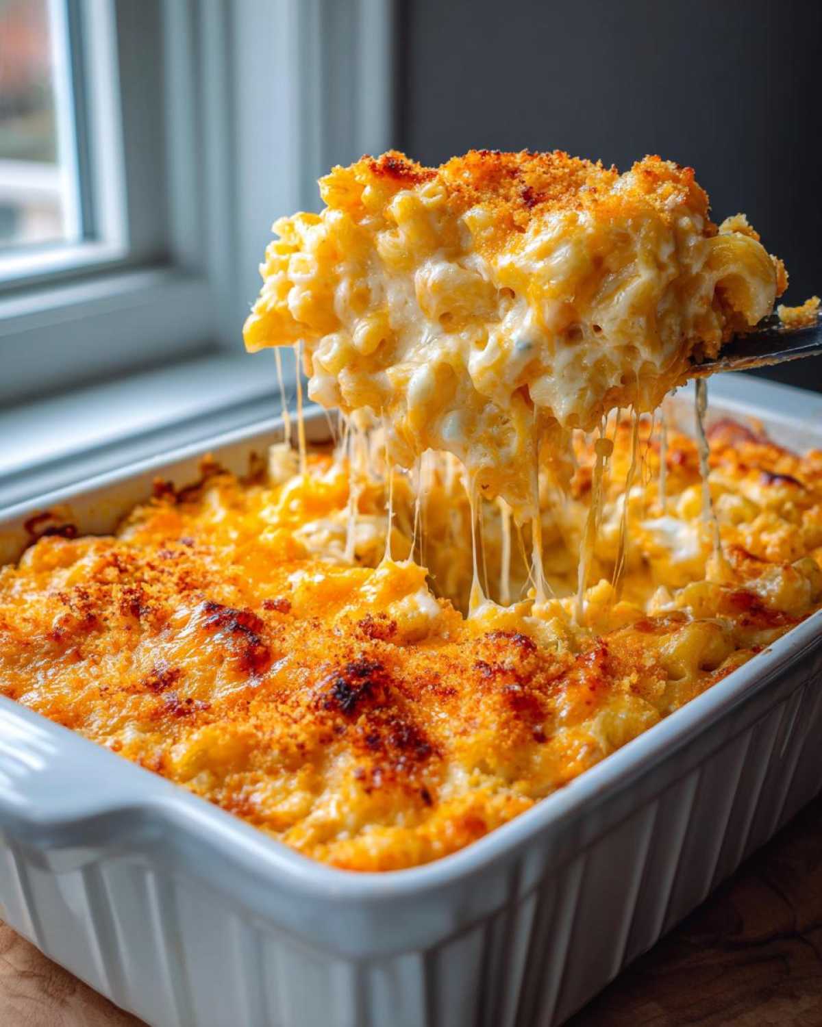 A spoonful of creamy baked mac and cheese showing long, dramatic cheese pulls over the casserole dish.