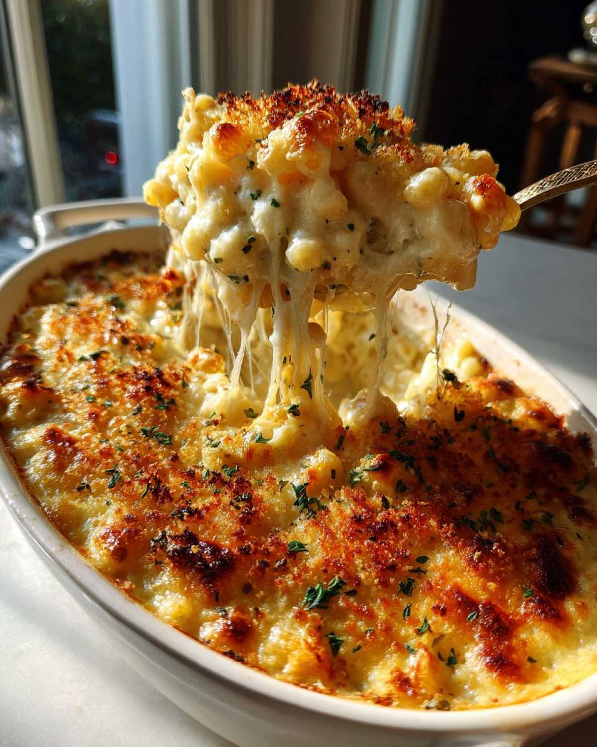 A spoonful of creamy, cheesy baked mac and cheese showing a dramatic cheese pull over the casserole dish.