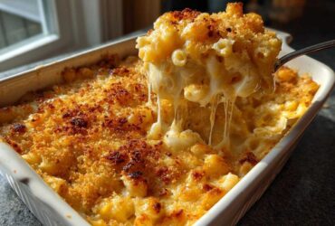A spoonful of creamy baked mac and cheese showing a dramatic cheese pull from the casserole dish.
