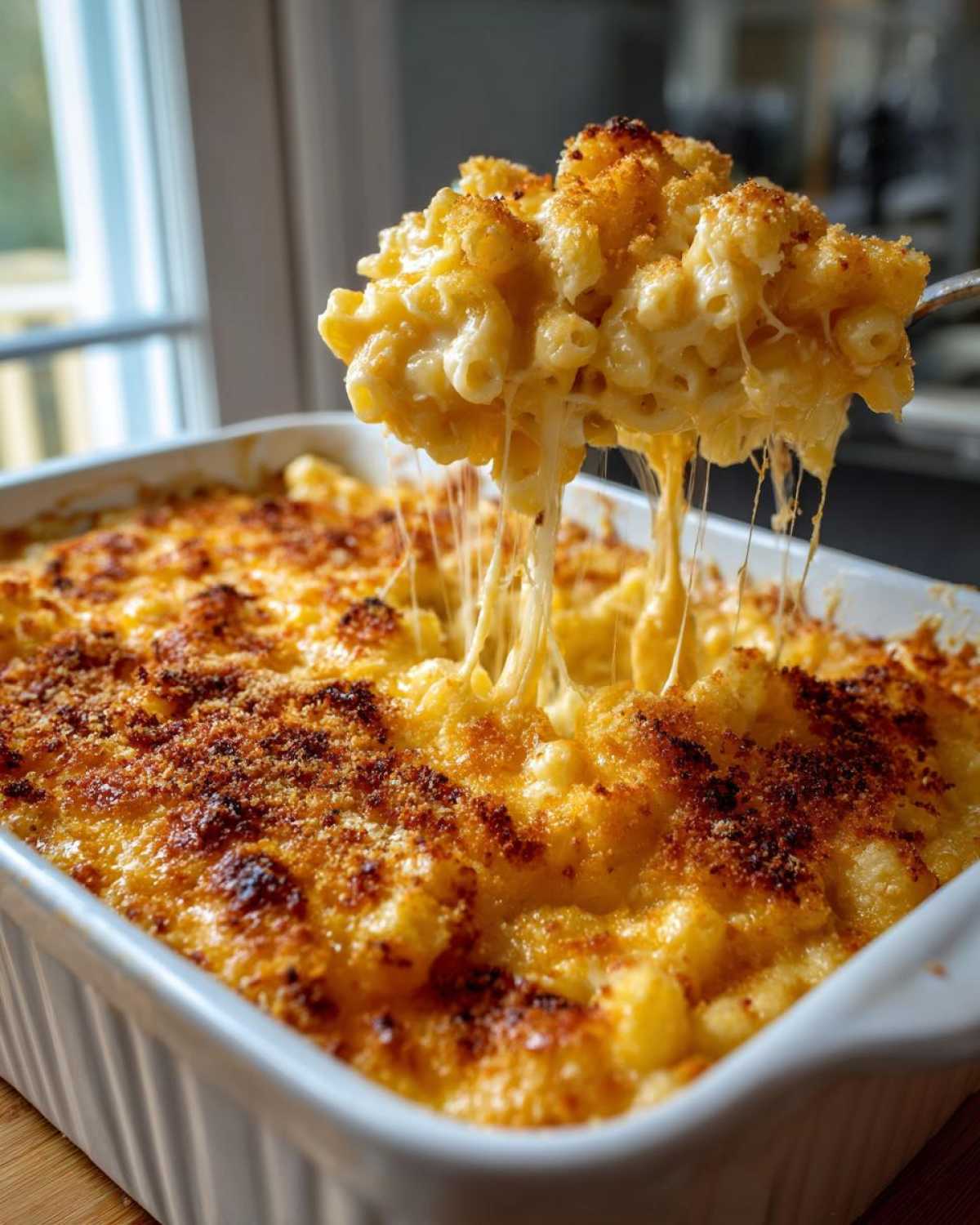 A spoonful of creamy baked mac and cheese showing dramatic cheese pulls over the casserole dish.